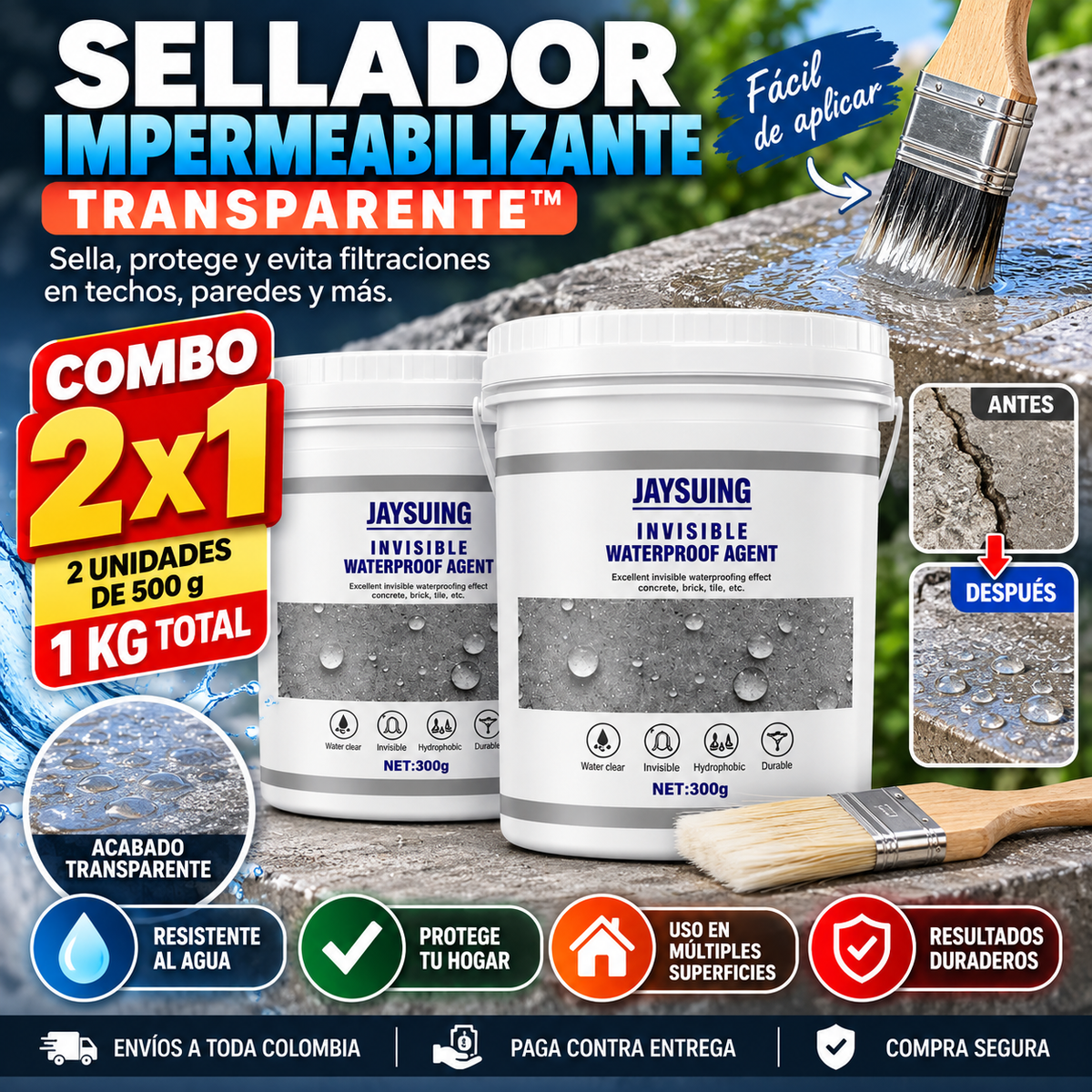Sellador Impermeabilizante Transparente™ | Combo 2 × 500 g (1 KG)